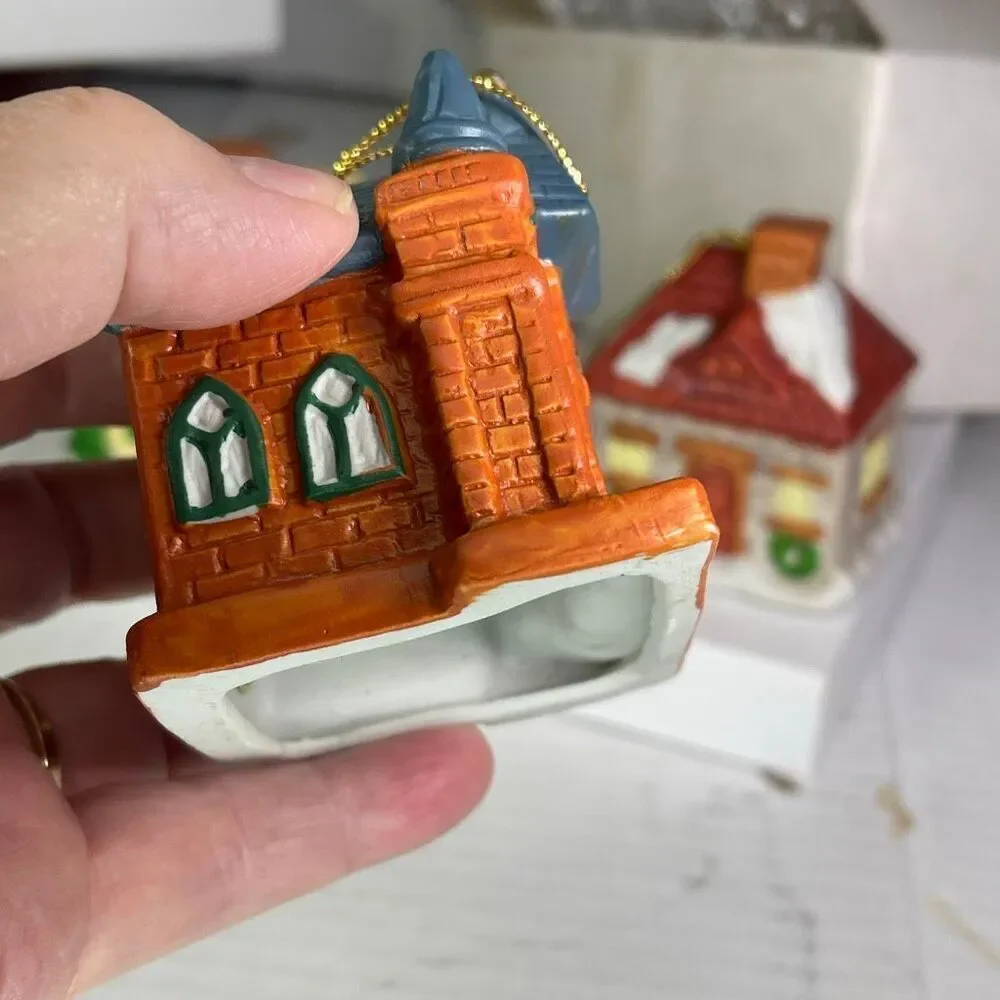 Vintage Set of 3 ceramic hanging bell buildings ornaments